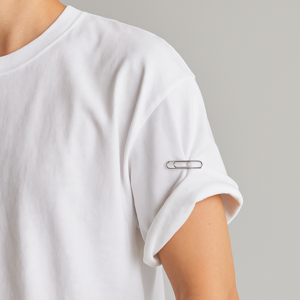 Paper-clip sleeve cinch that looks like styling, not damage